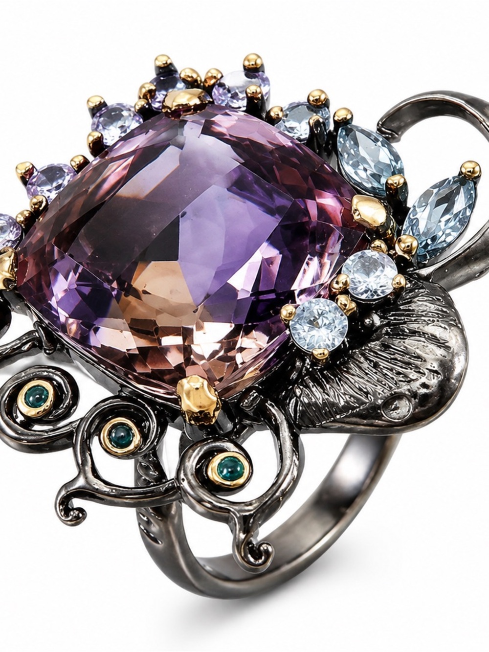 Natural 17 Ct Ametrine Artisan Ring 925 Sterling Silver Size 7.75 Blue Topaz